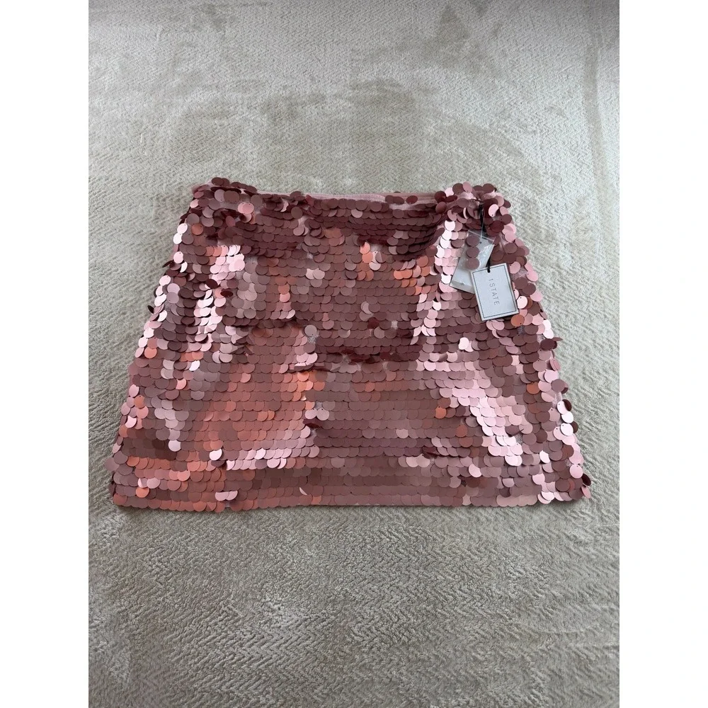 NWT 1.State A-line Mini Skirt Womens XL Metallic Pink Sequin Paillette Lined - Picture 2 of 11